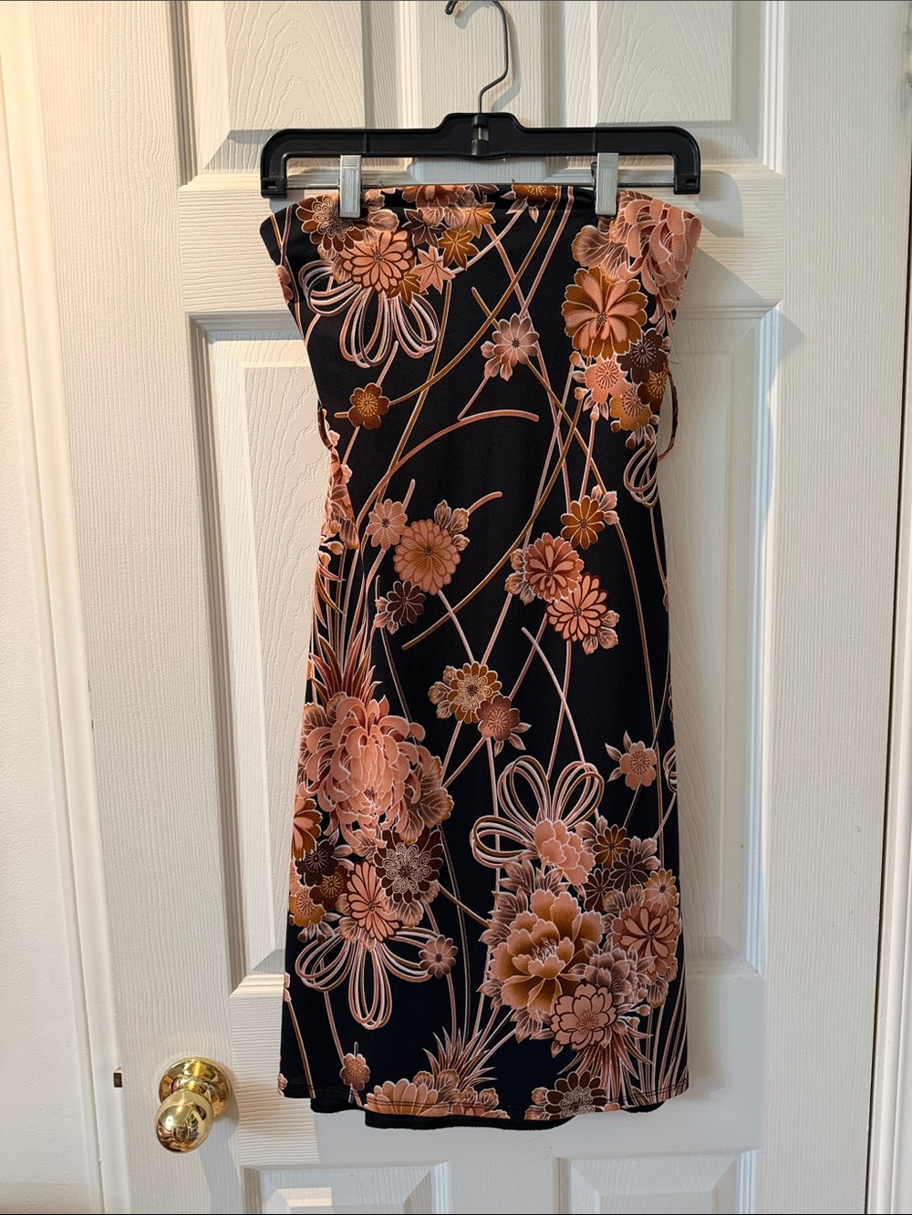 Floral Strapless Bodycon Dress in Black and Peach